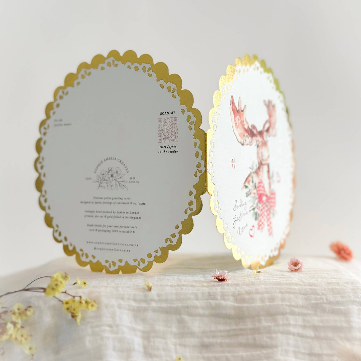 Festive moose - circular gold Christmas card