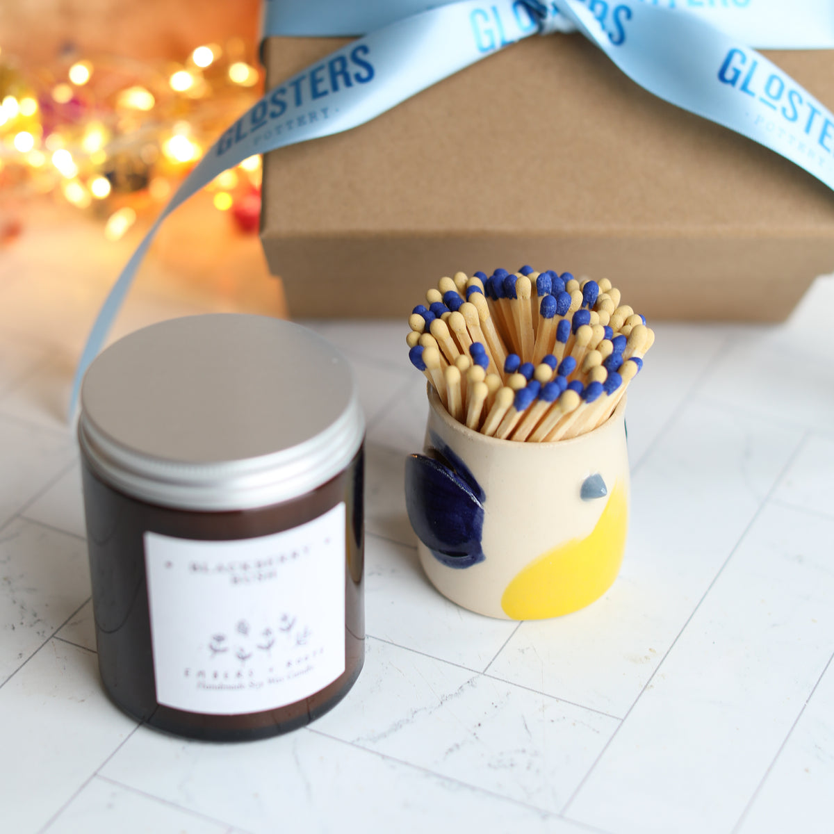 Blue Tit Match Pot and Candle Gift Set