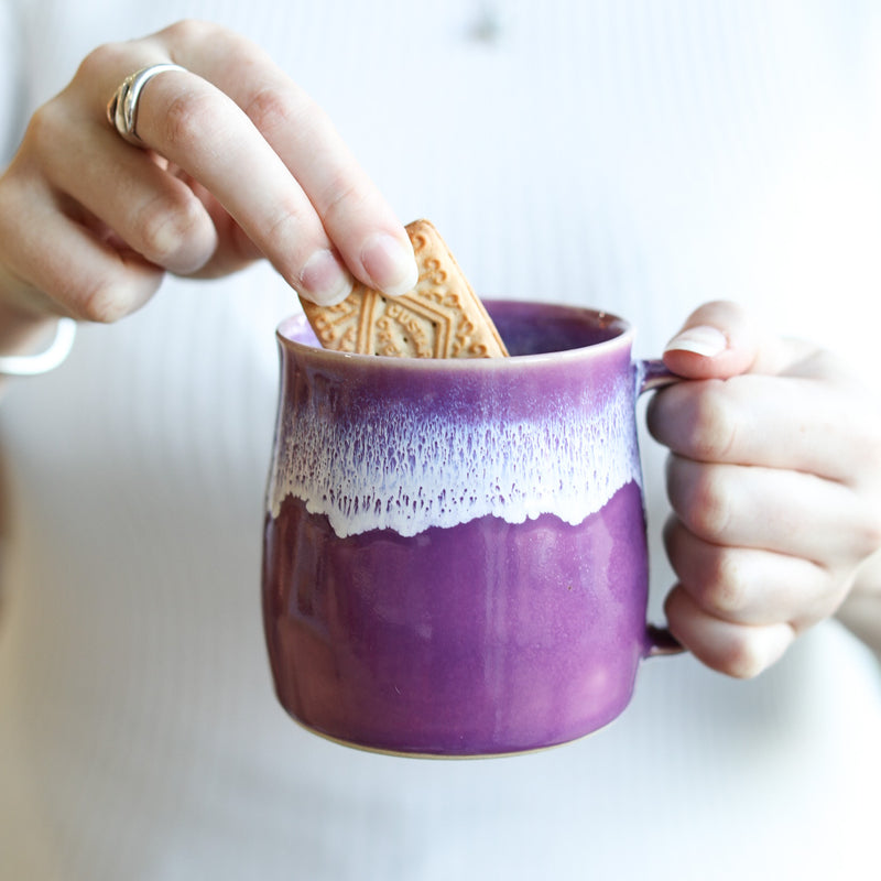 A heather purple handmade mug from Glosters.